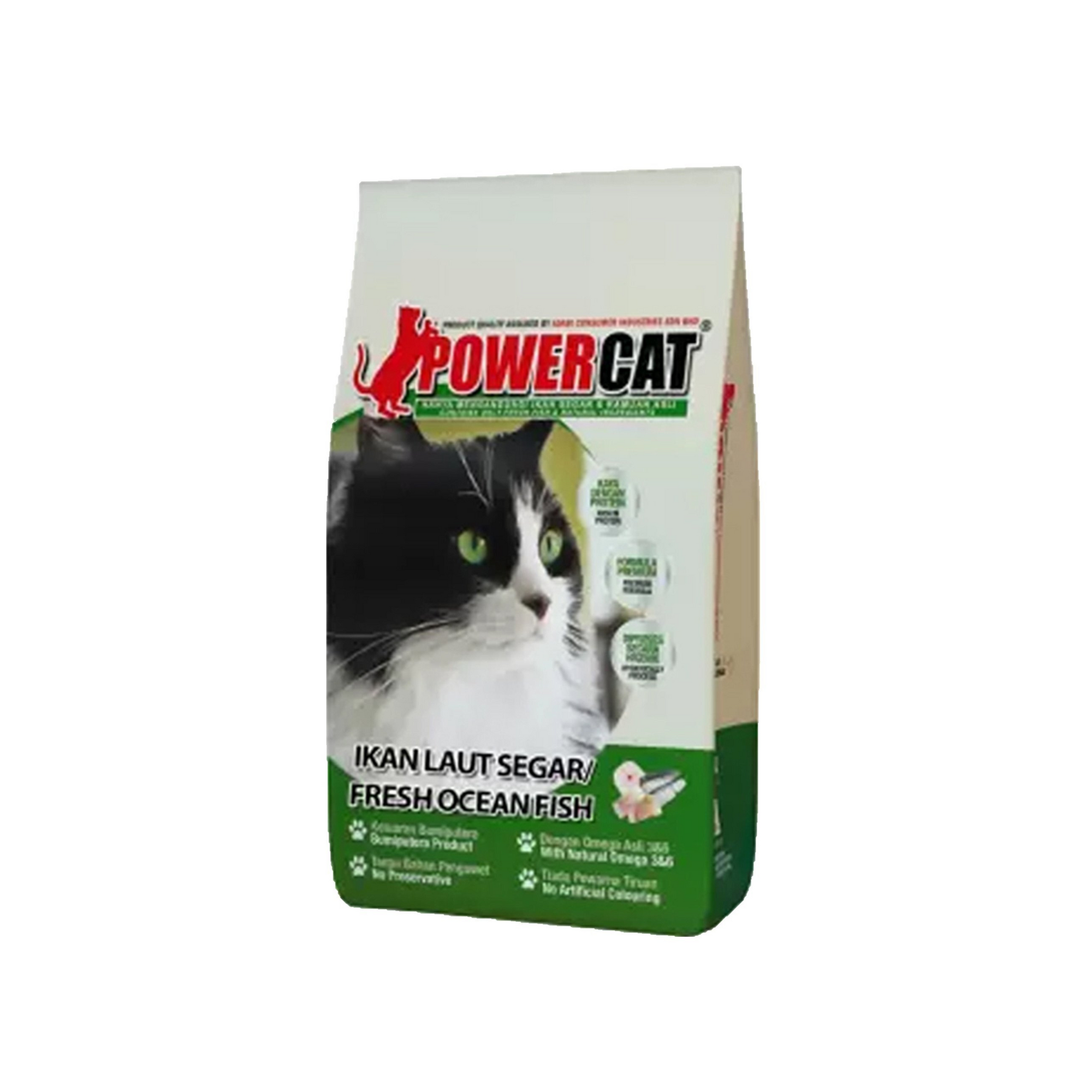 Bag of Power Cat fresh ocean fish cat food on a white background